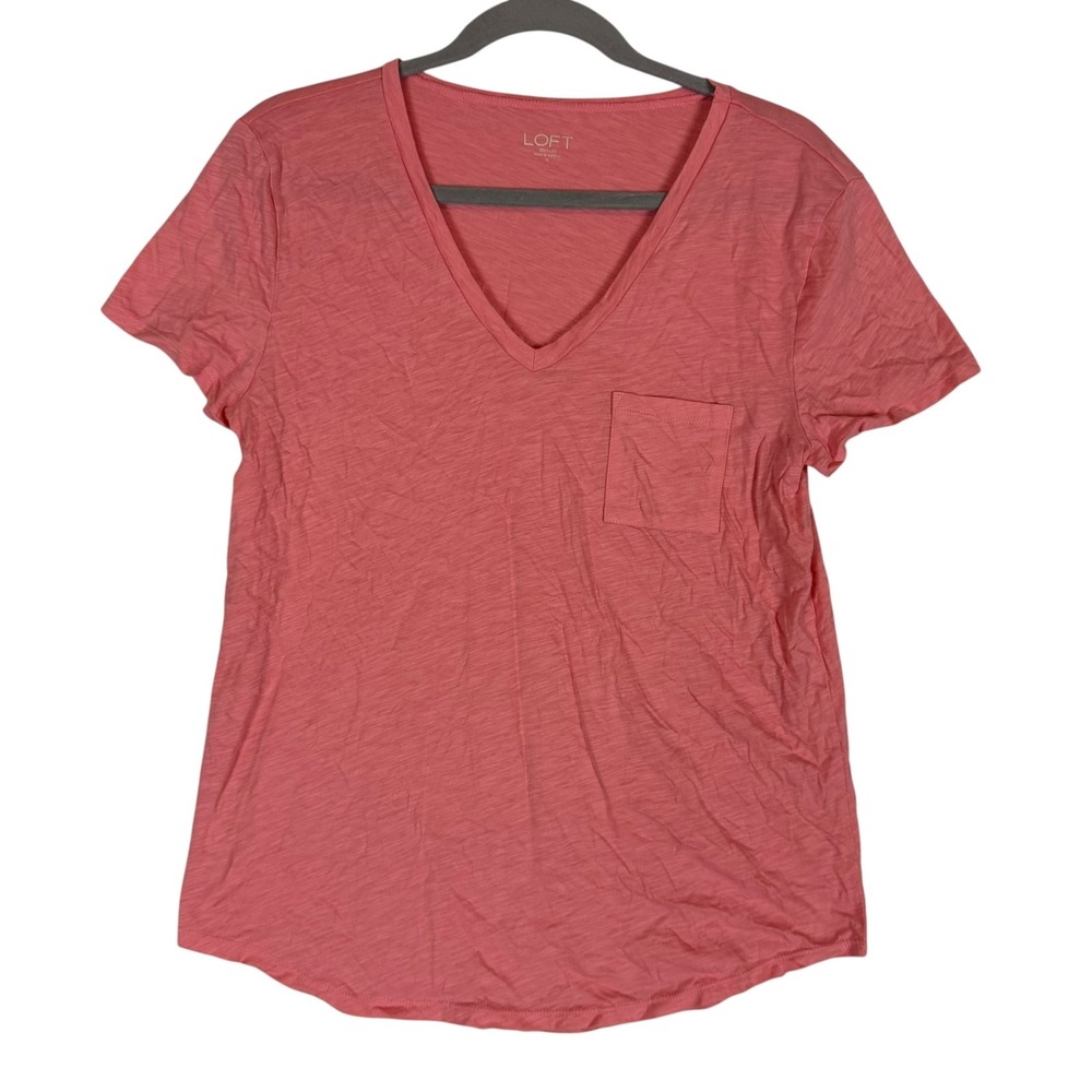 LOFT Shirt Womens Medium Pink V Neck Short Sleeve Pocket Slub Jersey Casual Tee